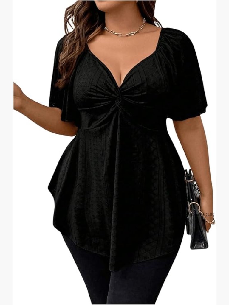 Plus Size Peplum Top Short Sleeve Twist Front Sweetheart Neck Blouse
